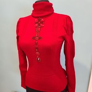 Etincelle, red Turtleneck sweater with embellishments XS-S , made in France